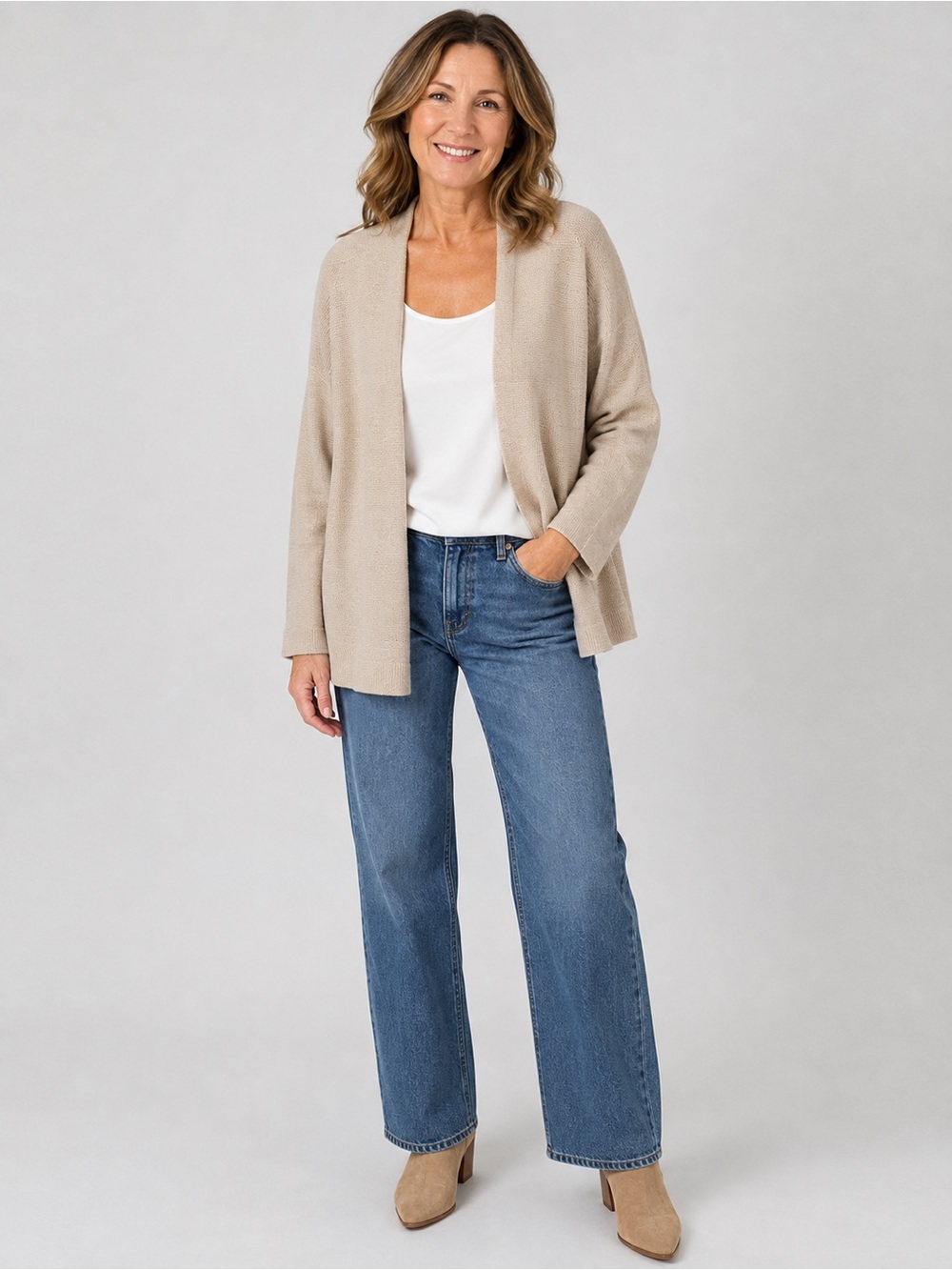 Eileen Fisher Organic Linen Cotton Open Front Cardigan – Beige M